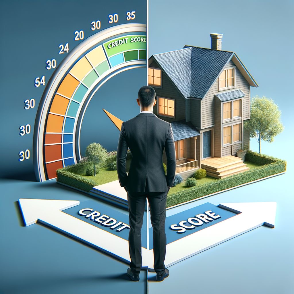 Businessman standing with credit score gauge and home